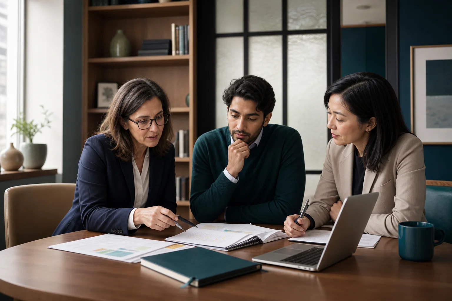 Education advisors reviewing an annotated research draft together